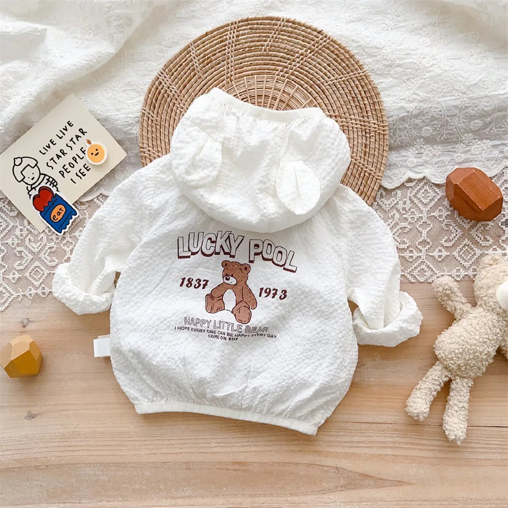 Infant pink summer jacket with adorable bear face hood, lightweight sun protection