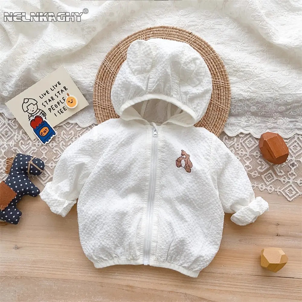 Unisex kids green summer coat, cute bear hood, offers UV protection outdoors