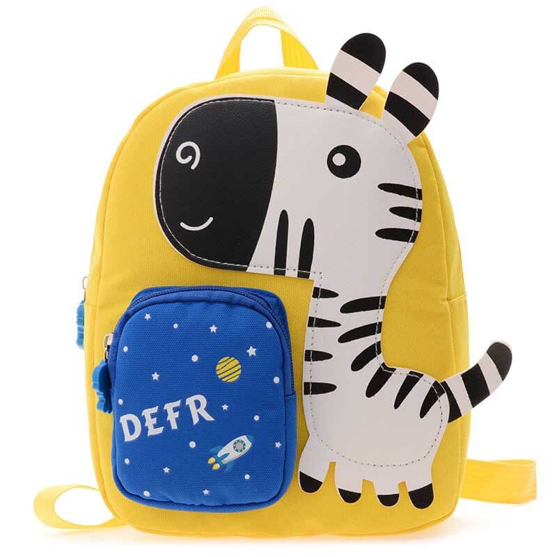Close-up of a vibrant dinosaur kids backpack. Durable nylon school bag, cartoon animal design.