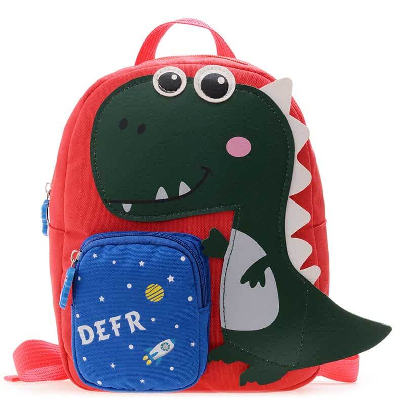 Smiling child wearing a fun zebra kids backpack. Nylon animal school bag, kindergarten accessory.