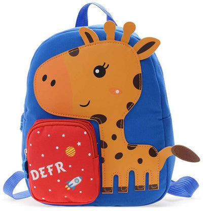 Back view of a kids cartoon animal backpack, showing padded straps. Nylon school bag, ergonomic design.