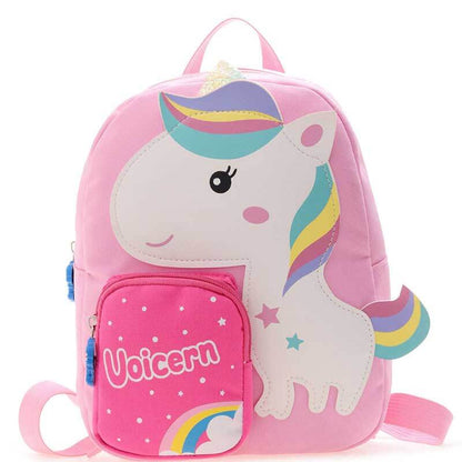 Open cartoon animal kids backpack displaying interior. Nylon school bag for books and supplies.