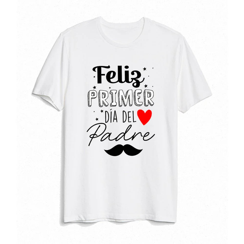Happy dad and baby showcasing their matching heart print t-shirts, family bonding outfit