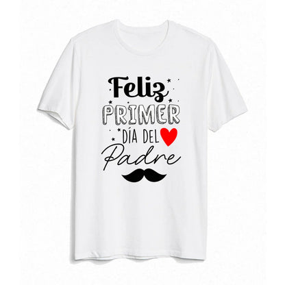 Happy dad and baby showcasing their matching heart print t-shirts, family bonding outfit
