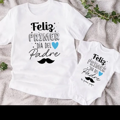 Father and infant wearing heart print short sleeve matching t-shirts, perfect family photo outfit
