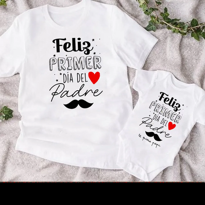 Family matching dad and baby set: men's t-shirt and baby romper with red heart print