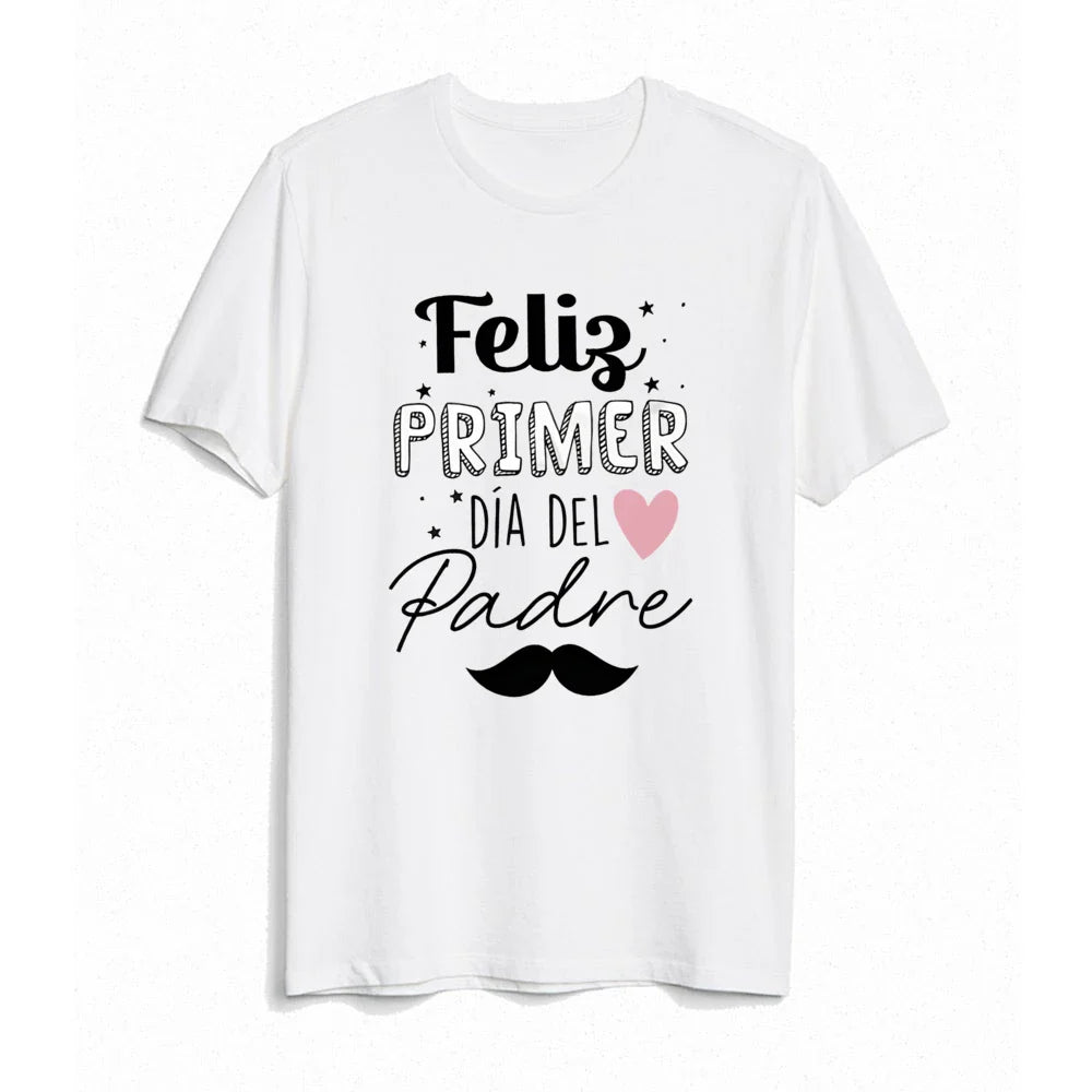 Close-up of heart print on matching dad and baby t-shirts, unisex family outfit