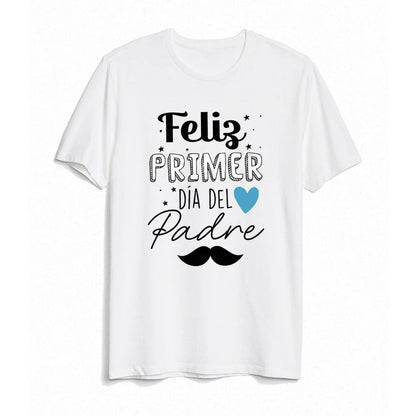 Side view of dad and baby in matching heart graphic t-shirts, comfortable family outfits