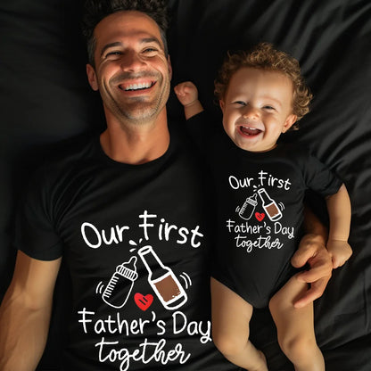 Dad and baby, in matching First Father's Day outfits, smiling warmly. Perfect daddy and me gift.