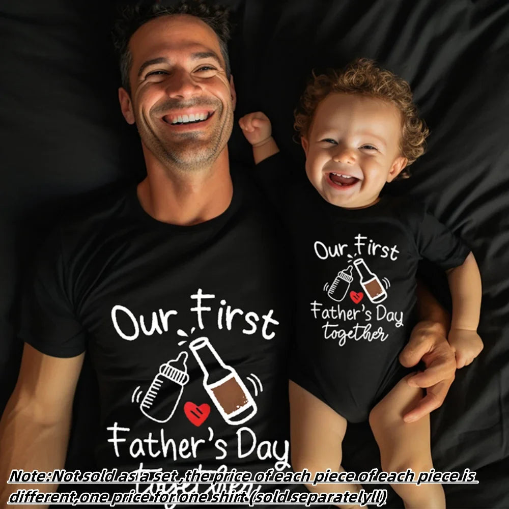 Dad's 'First Father's Day' t-shirt with baby's matching romper, side by side. New dad gift.
