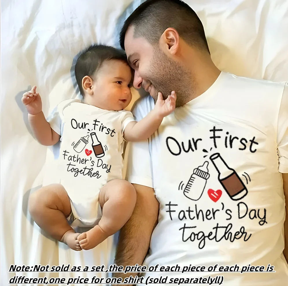 Adorable baby in a 'First Father's Day' romper, looking cute. Perfect for summer outfits.
