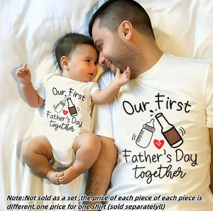 Adorable baby in a 'First Father's Day' romper, looking cute. Perfect for summer outfits.