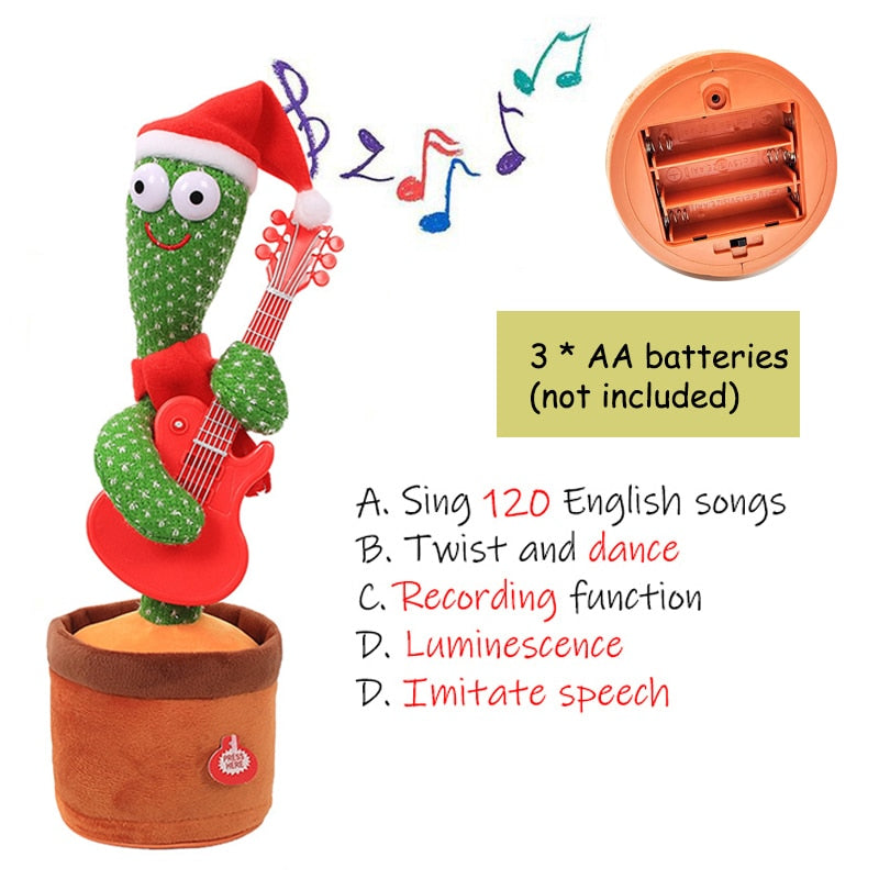Child playing with an interactive singing and dancing cactus plush toy, developing motor skills