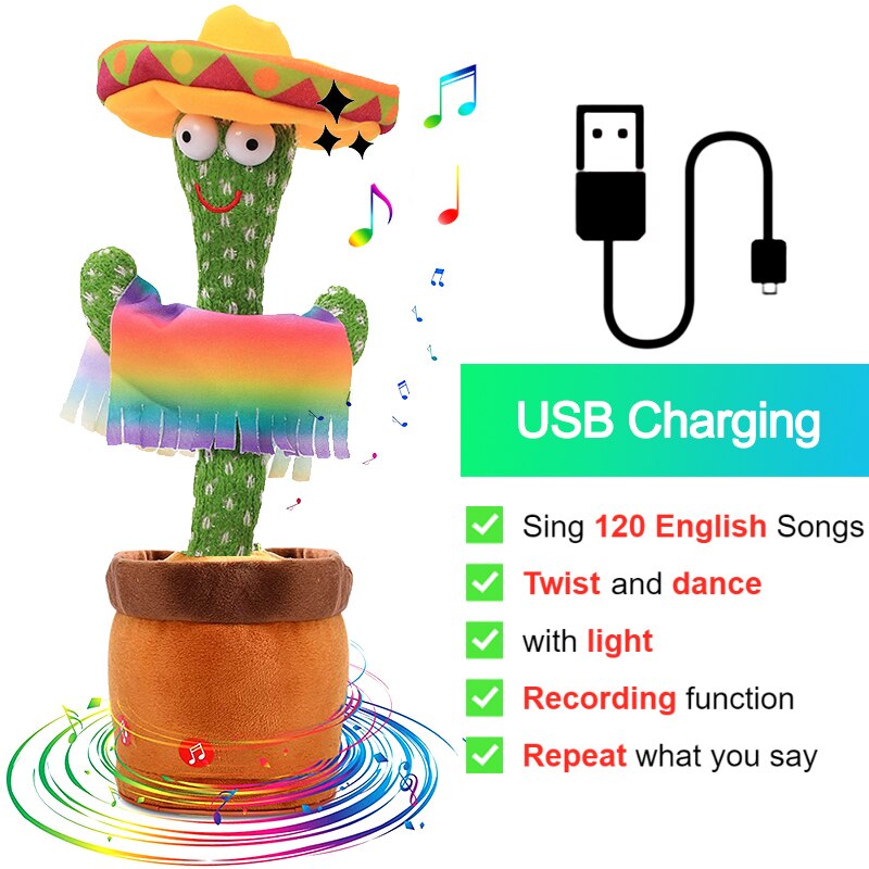Musical dancing cactus toy showcasing its interactive elements, great early education gift for kids