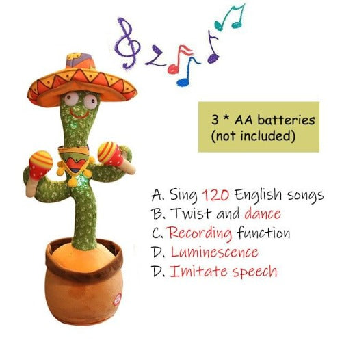 Smiling cactus plush toy dancing on a table, interactive kids gift for early learning and play