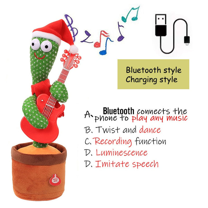 Close portrait of the Dancing Cactus's expressive face, a charming and engaging plush interactive toy
