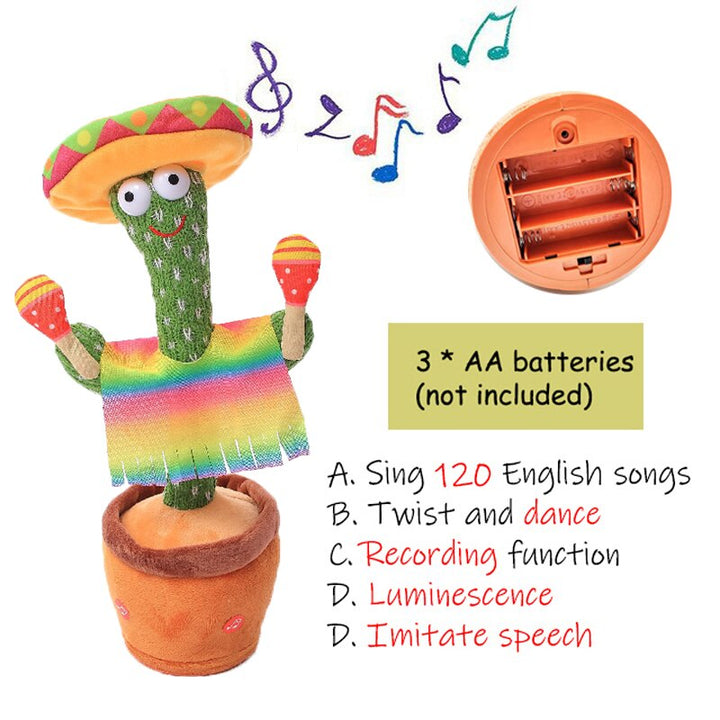 Talking Cactus toy positioned next to building blocks, demonstrating its role in a child's play area