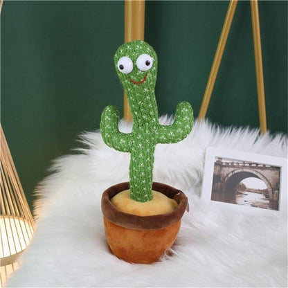 Happy child playing with a Dancing Cactus, its arms raised as if dancing, a fun kids toy
