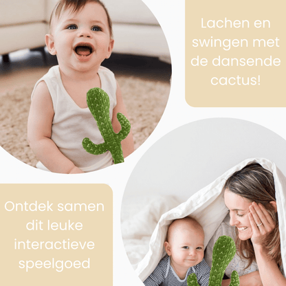 Child playing with a green dancing cactus toy that sings and repeats sounds, fun and interactive