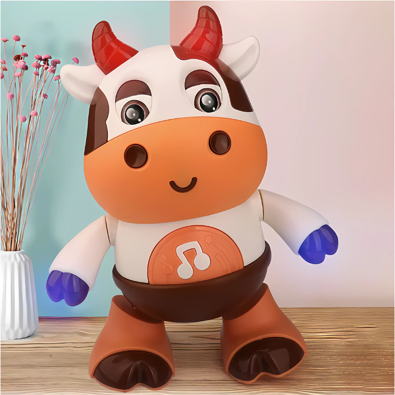 Dancing cow musical toy for toddlers with lights, encouraging interactive play and developmental skills.