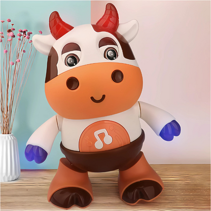 Dancing cow musical toy for toddlers with lights, encouraging interactive play and developmental skills.