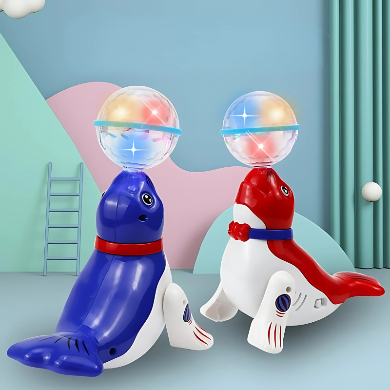Dancing dolphin toy for kids with musical features and colorful light-up effects, interactive educational fun.