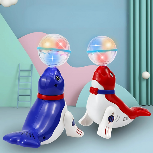 Dancing dolphin toy for kids with musical features and colorful light-up effects, interactive educational fun.