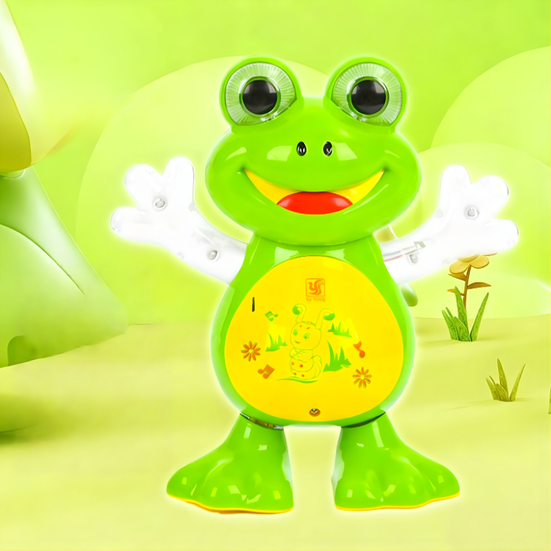 Dancing frog musical toy for kids with lights, encouraging active play and toddler entertainment.