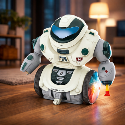 Dancing robot toy for toddlers with lights and music, promoting sensory development and early learning