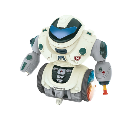 Close-up of a musical dancing robot, an early learning toy for babies and toddlers, encouraging activity