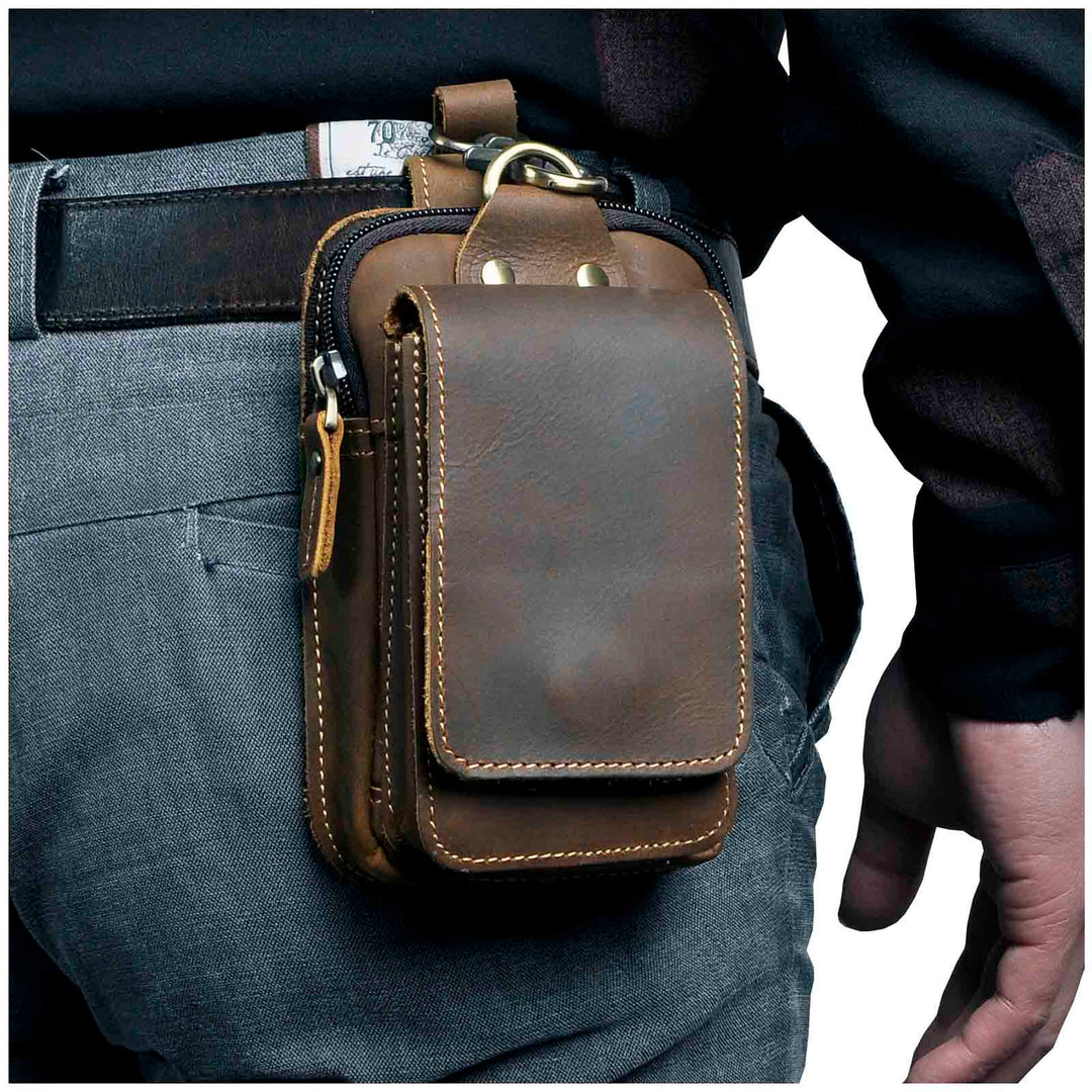 Dark brown men's premium waist bag, perfect for everyday essentials & travel.