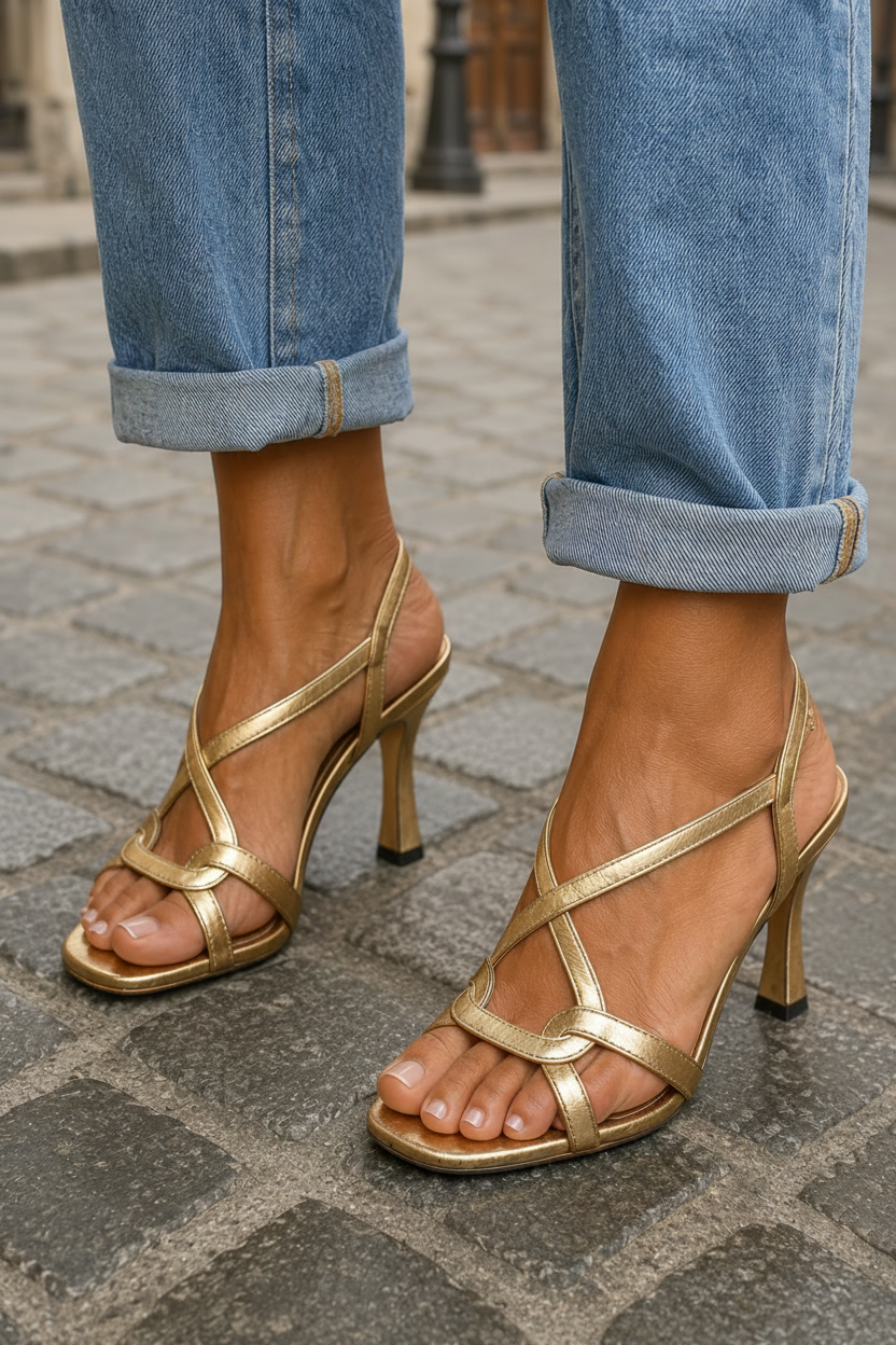 Elegant women's golden heeled sandals, ideal formal footwear for evening events & dressy parties.