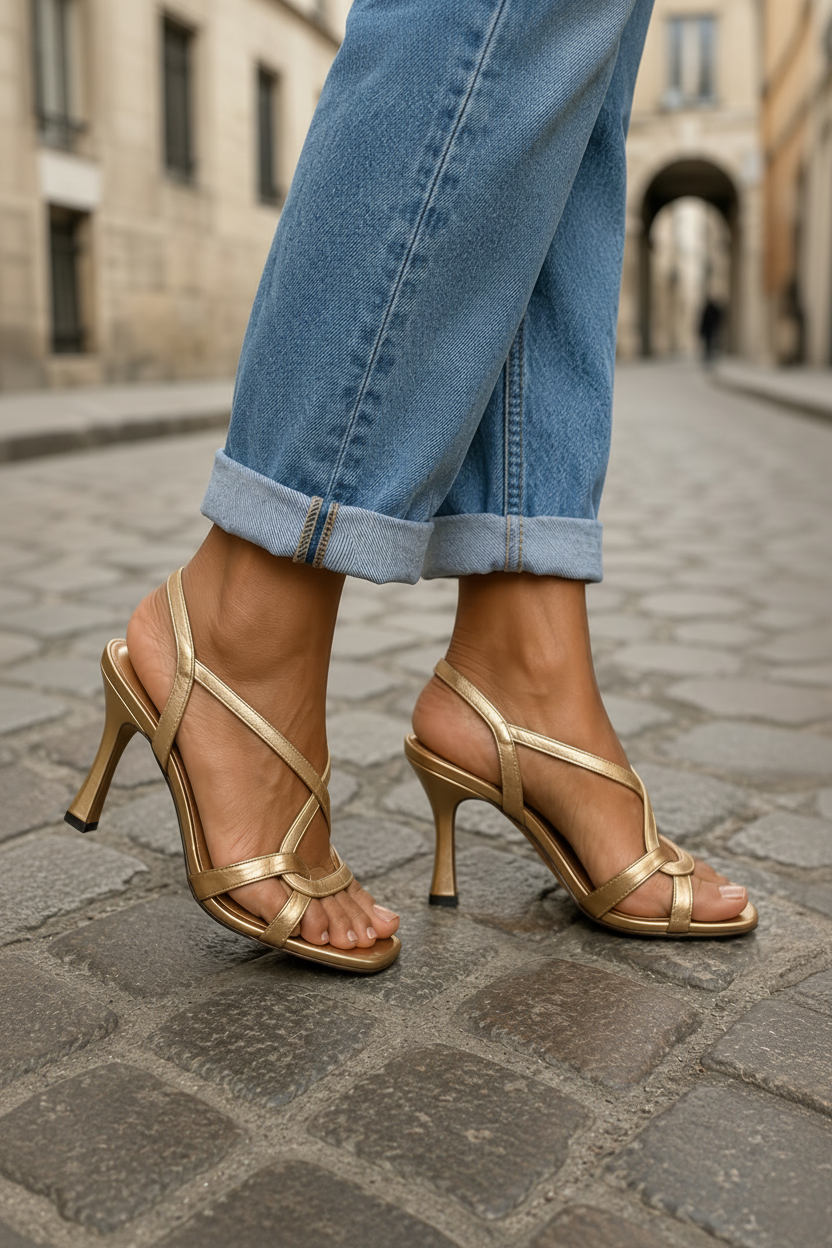 Stylish golden sandals with heels, perfect dressy shoes for weddings, formal events, and celebrations.