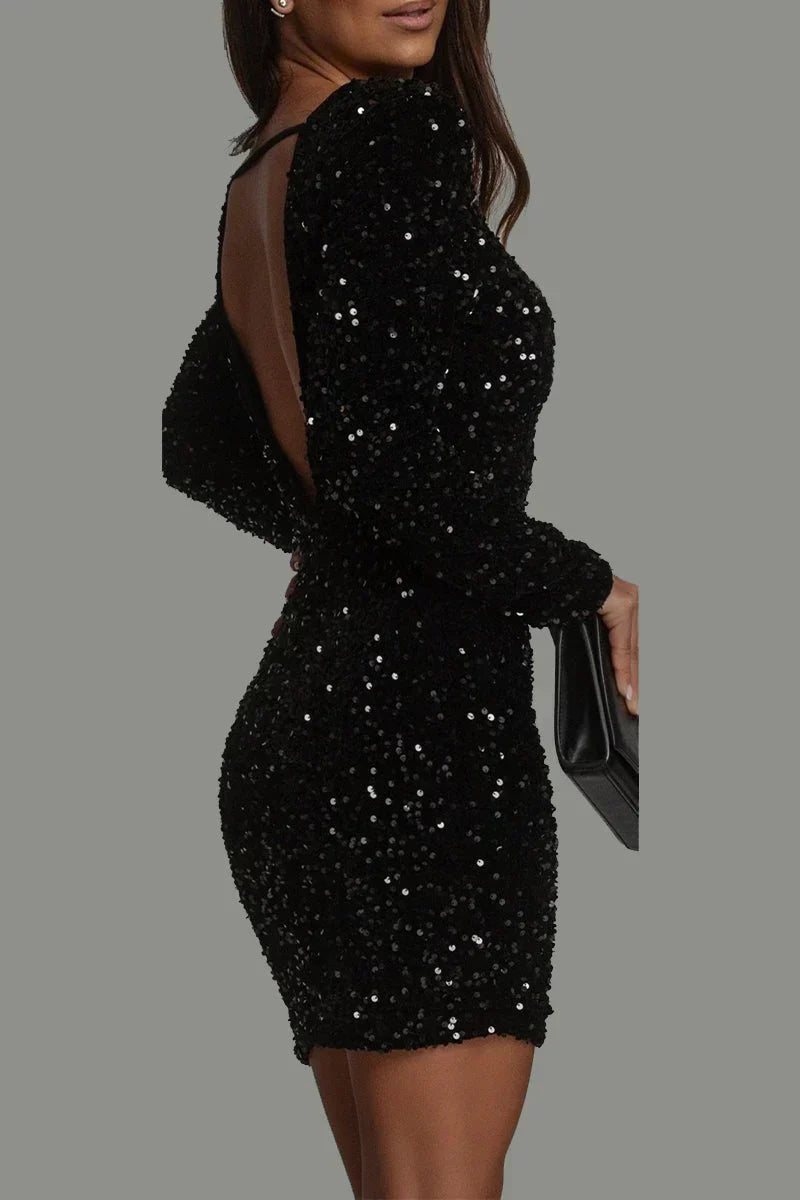 Backless sequin party mini dress for women, dazzling for evening wear & festive occasions.