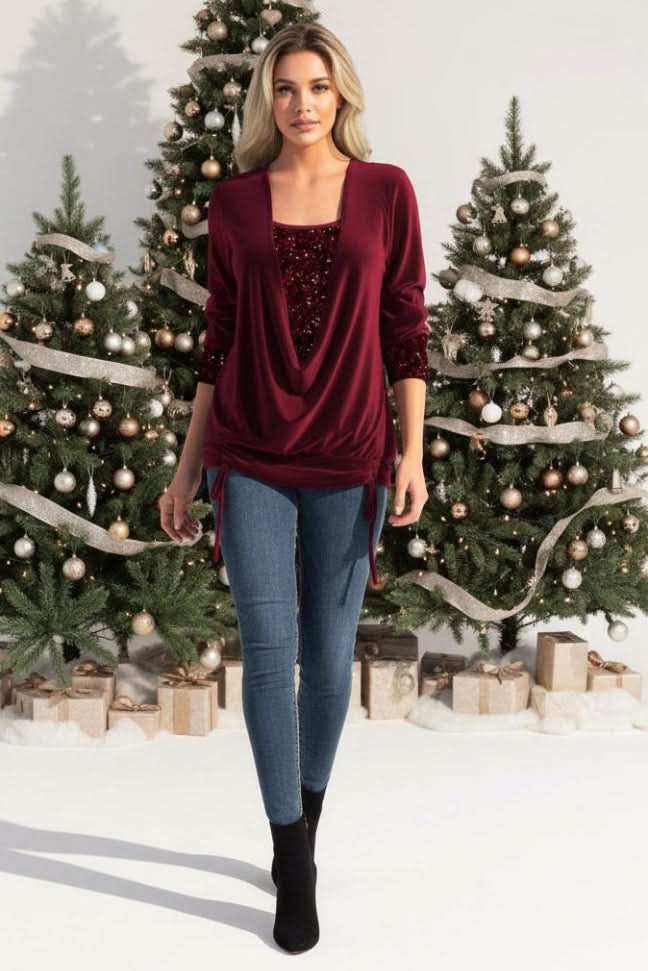 Dazzling women's sequin plunge neck long sleeve top. Perfect for evening glamour & parties.