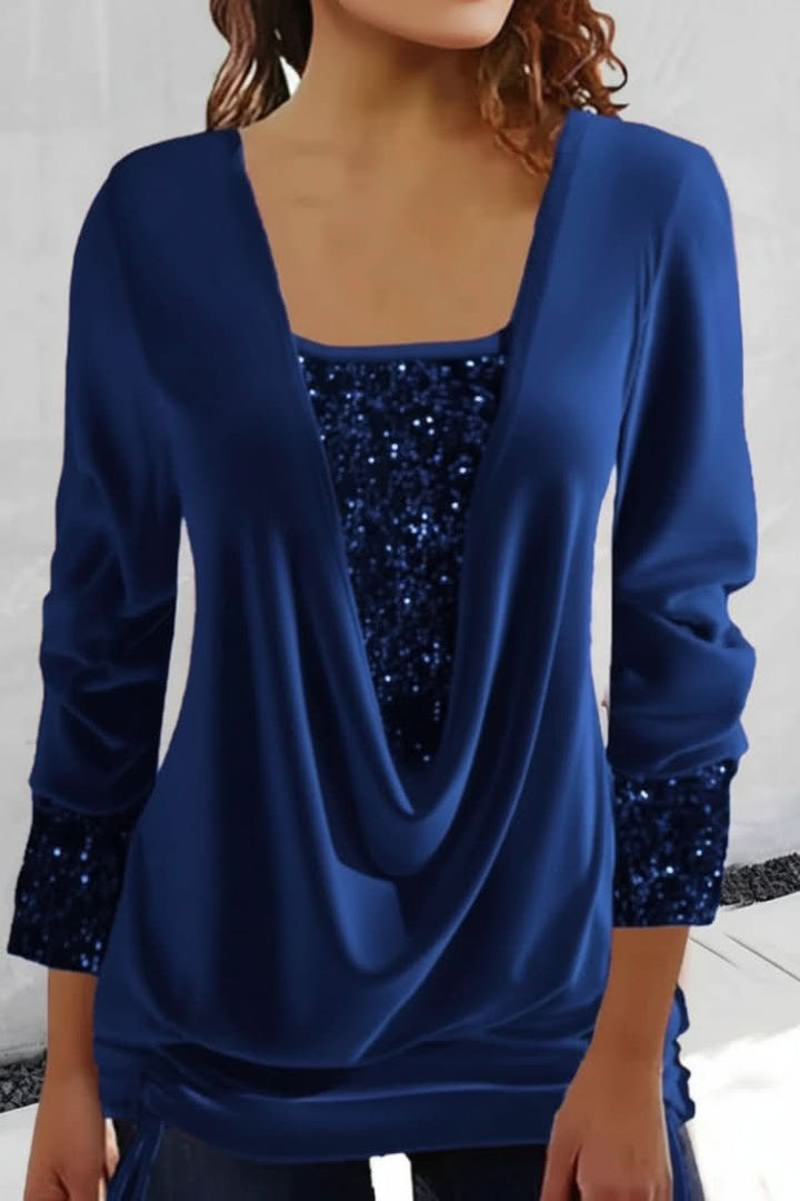 Elegant blue sequin plunge neck women's top. Long sleeve for glamorous parties & special occasions.