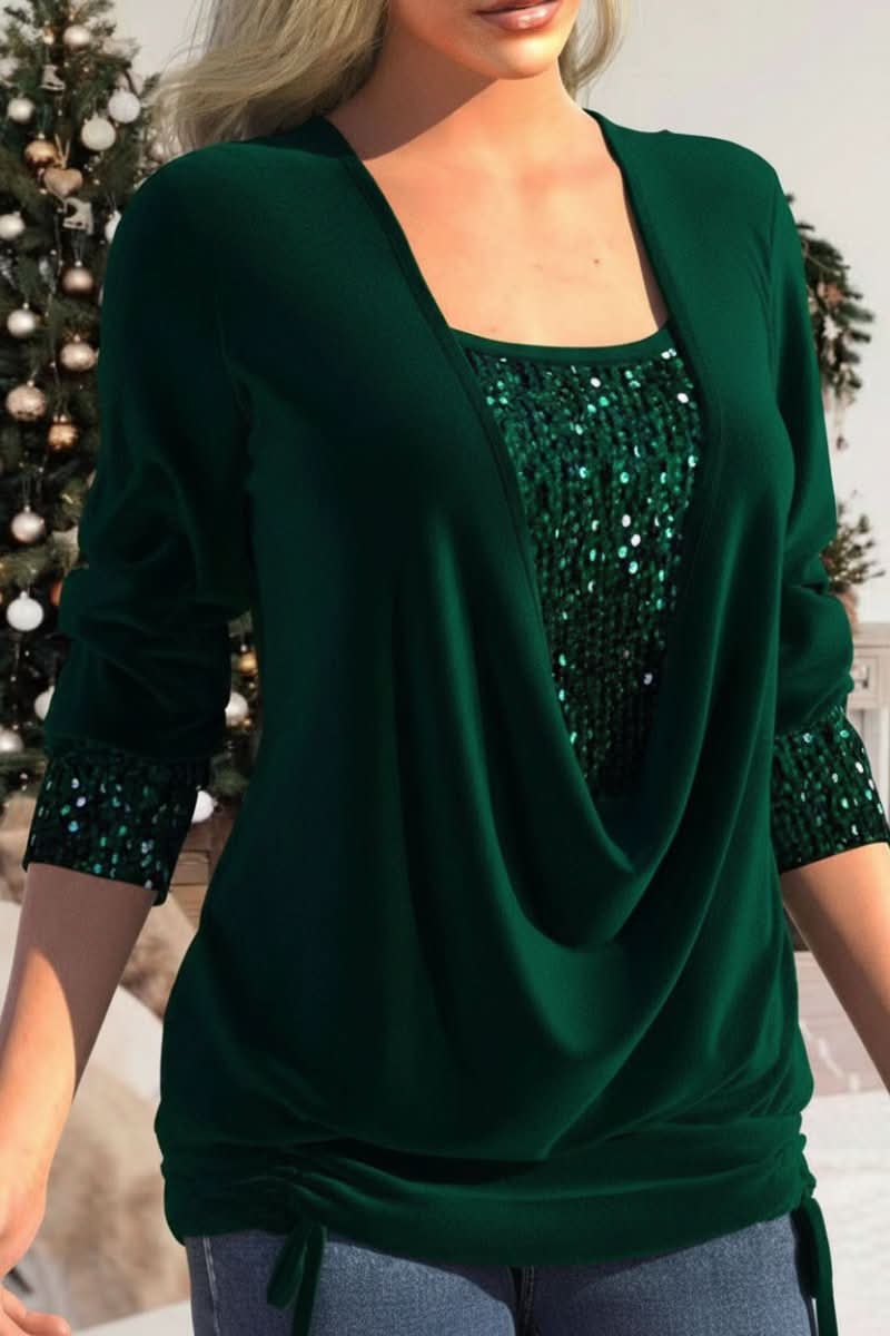Pink sequin plunge neck long sleeve top. Women's dazzling evening wear, perfect for making a statement.