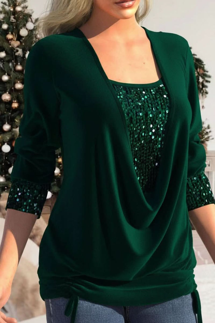 Pink sequin plunge neck long sleeve top. Women's dazzling evening wear, perfect for making a statement.