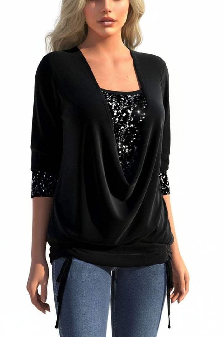 Dark green sequin plunge neck women's top. Glamorous long sleeve party wear for evening events.