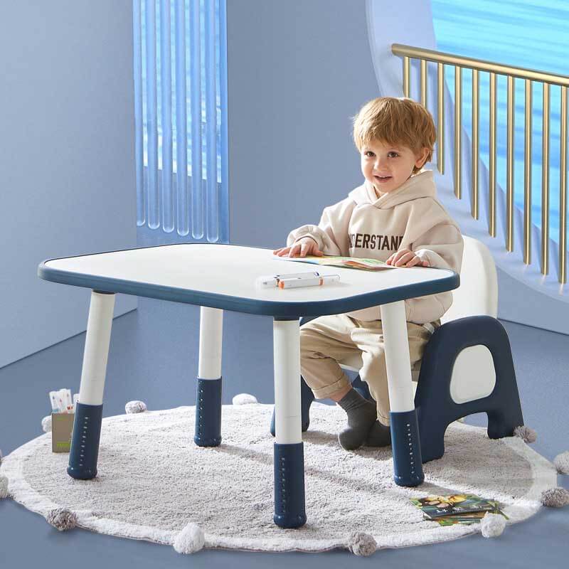 Deep sea blue kids adjustable height plastic activity table for toddlers in a playroom