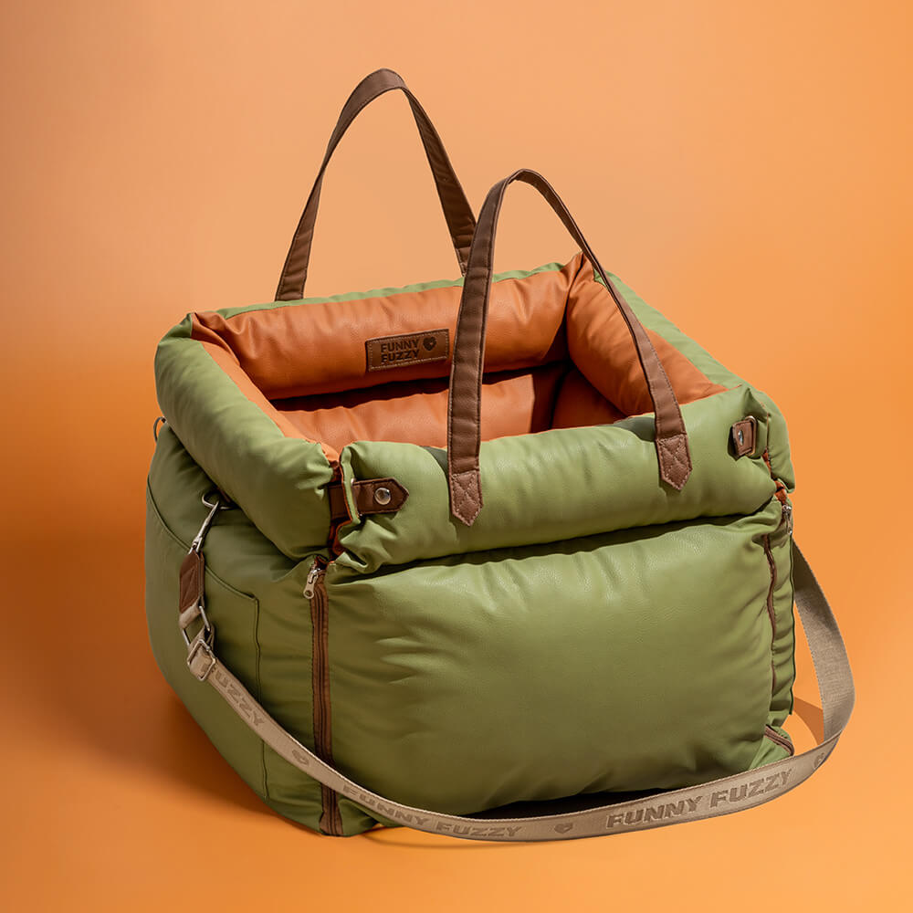 Deluxe dog car seat booster for small & medium pets; comfortable faux leather travel bed.