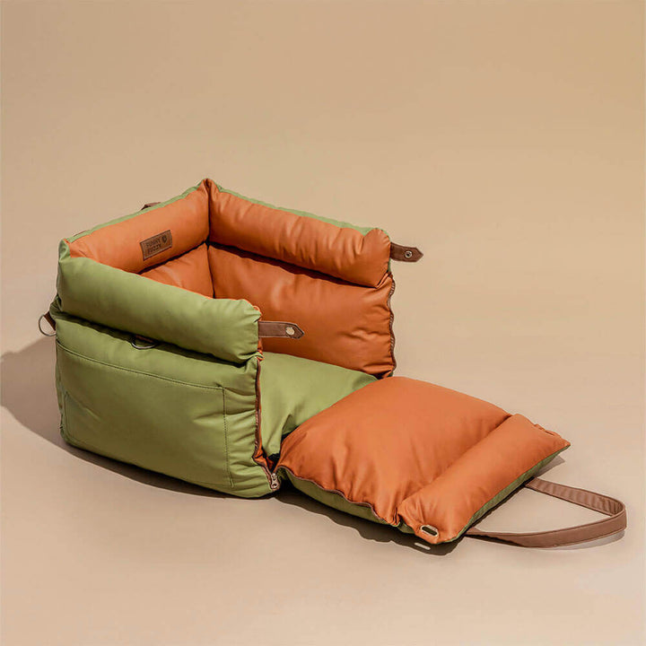 Deluxe dog travel bed & booster; comfortable faux leather seat for pet car rides.