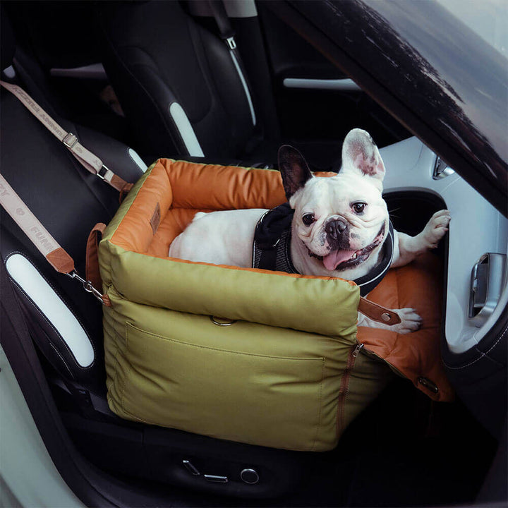 Small dog car seat booster; comfortable PawLuxury travel bed for safe journeys.