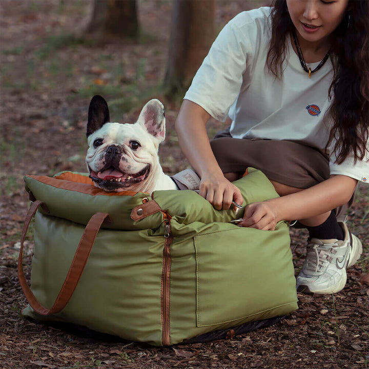 PawLuxury dog car booster seat; comfortable travel bed for small & medium pets.