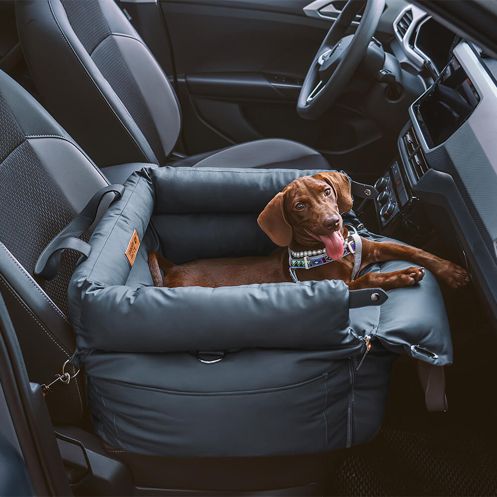 Comfortable dog car seat booster bed; deluxe faux leather for safe pet rides.
