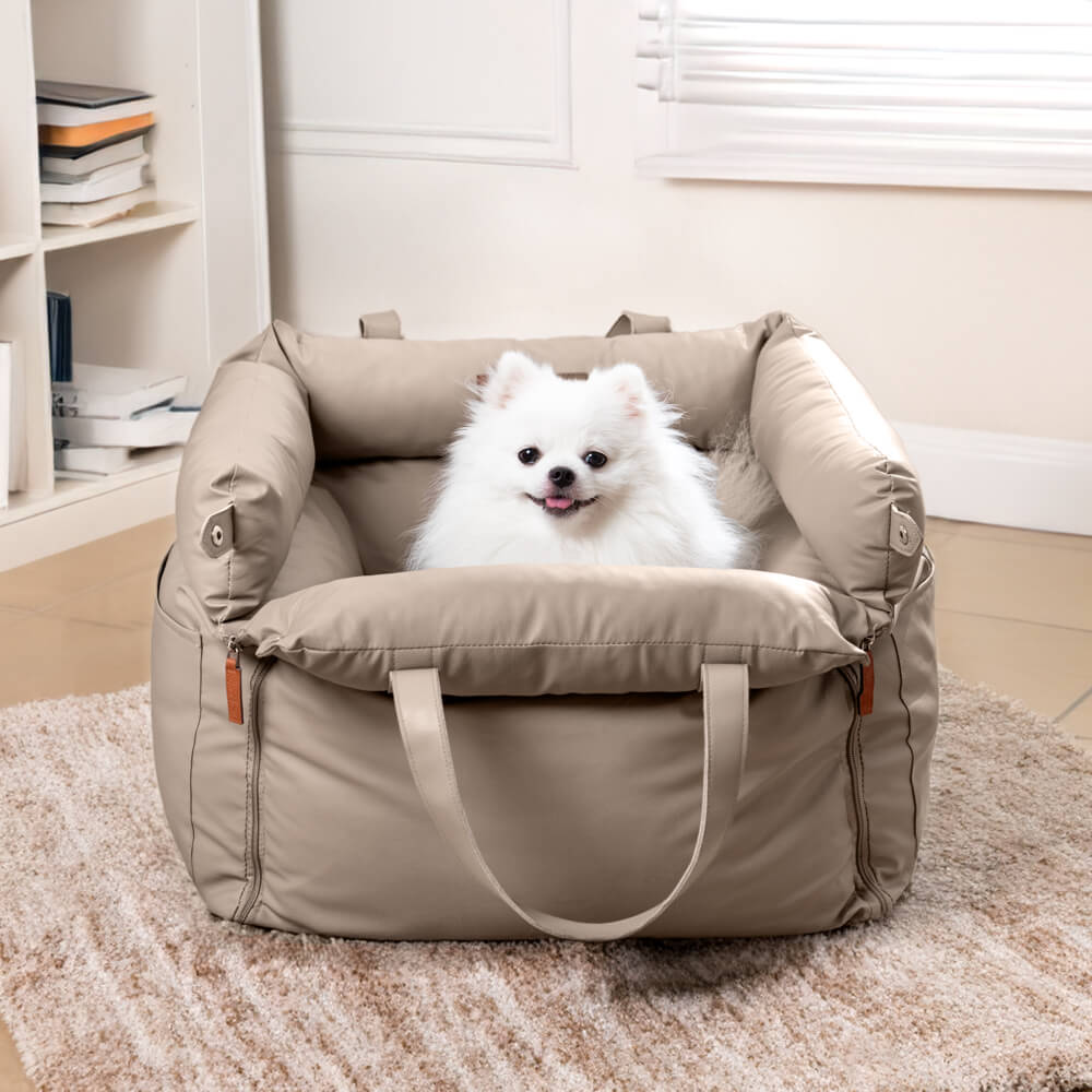 Deluxe dog car seat for comfortable rides; booster bed with safety straps.