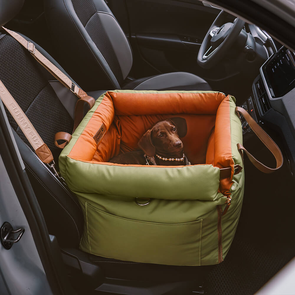 PawLuxury dog car booster bed; comfortable, secure travel seat for pets.