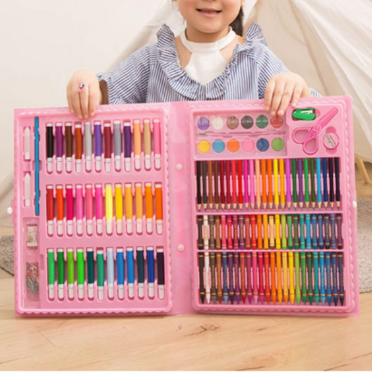 Deluxe kids art set with wooden easel, vibrant paints, brushes, and markers for creative play