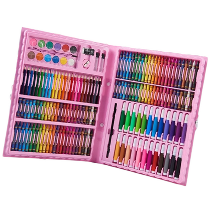 Close-up of non-toxic paints and drawing tools within the Kids Deluxe Art Set, safe for children