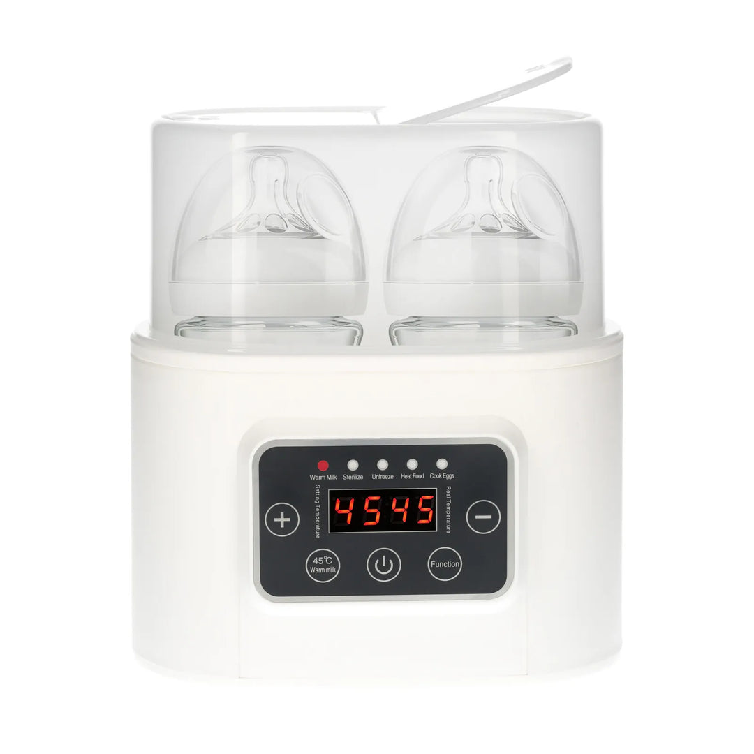 Digital 5-in-1 baby bottle warmer & sterilizer with timer for fast milk warming & infant feeding.